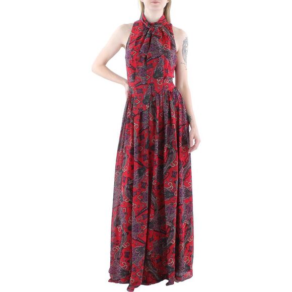 RALPH LAUREN Womens Red Plaid Sleeveless V Neck Maxi Sheath Evening Dress Size 10